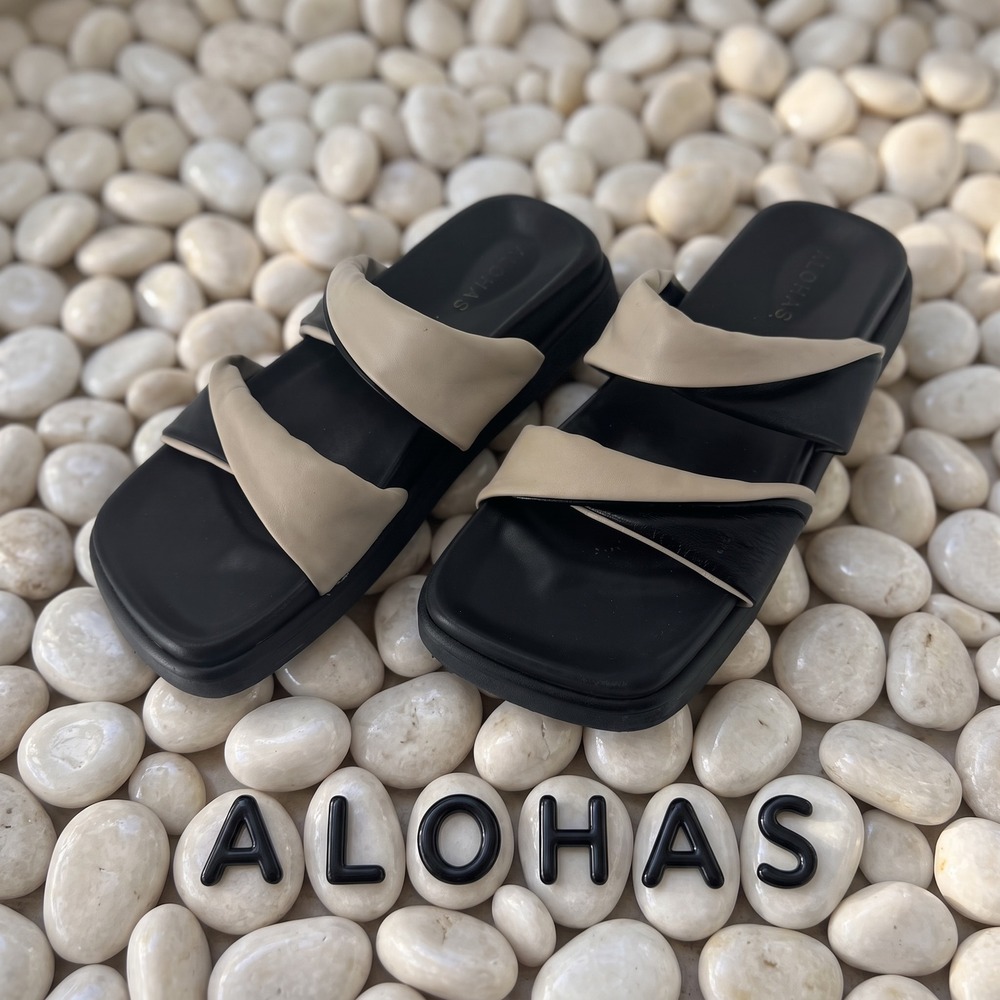 Alohas Hook-Loop Black Beige Bicolor Leather Padded Platform Sandals 38